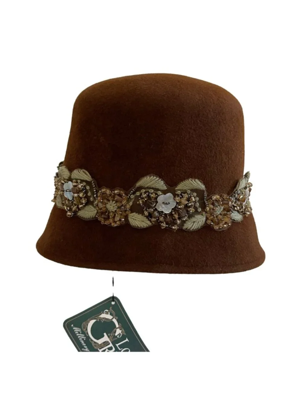 Louise Green Brown Felt Hat With Beaded Floral Trim & Bow Accent